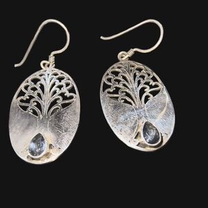 Vintage Blue Spinel & Sterling Silver Tree of Life Dangle Earrings